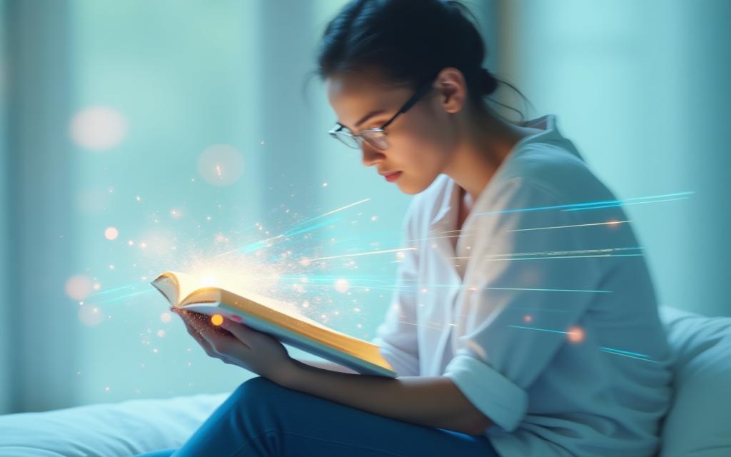 Persona che legge velocemente un libro digitale con frecce che indicano il flusso della lettura in un ambiente luminoso e moderno