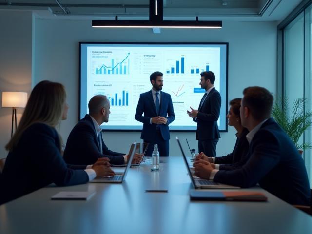 Gruppo di professionisti in giacca e cravatta che collaborano in una sala riunioni moderna, con grafici e dati sullo sfondo, a simboleggiare programmi di formazione aziendale personalizzati e aumento della produttività.