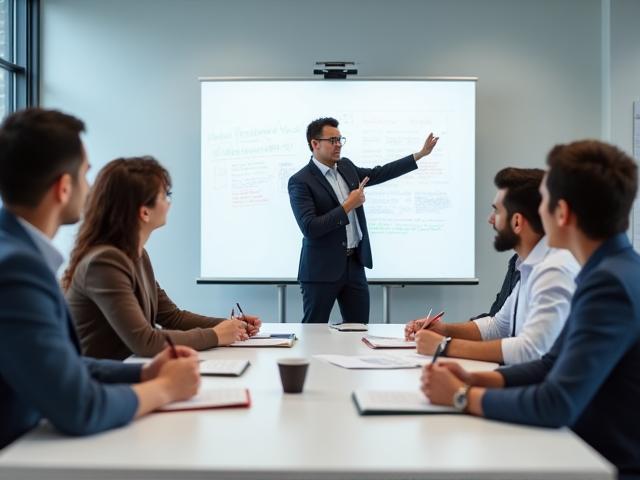 Gruppo di persone adulte che partecipano attivamente a un workshop, prendendo appunti e interagendo con un istruttore in un'aula moderna, simboleggiando l'apprendimento interattivo e il feedback diretto.