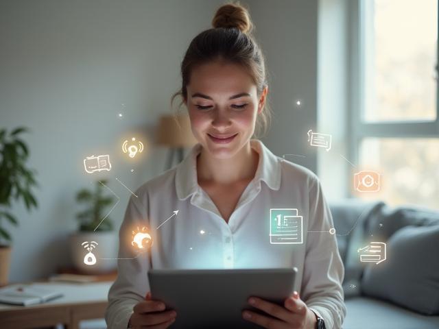 Donna sorridente che studia su un tablet, circondata da icone di apprendimento digitale e un laptop, simbolo di flessibilità e accessibilità nell'apprendimento online.